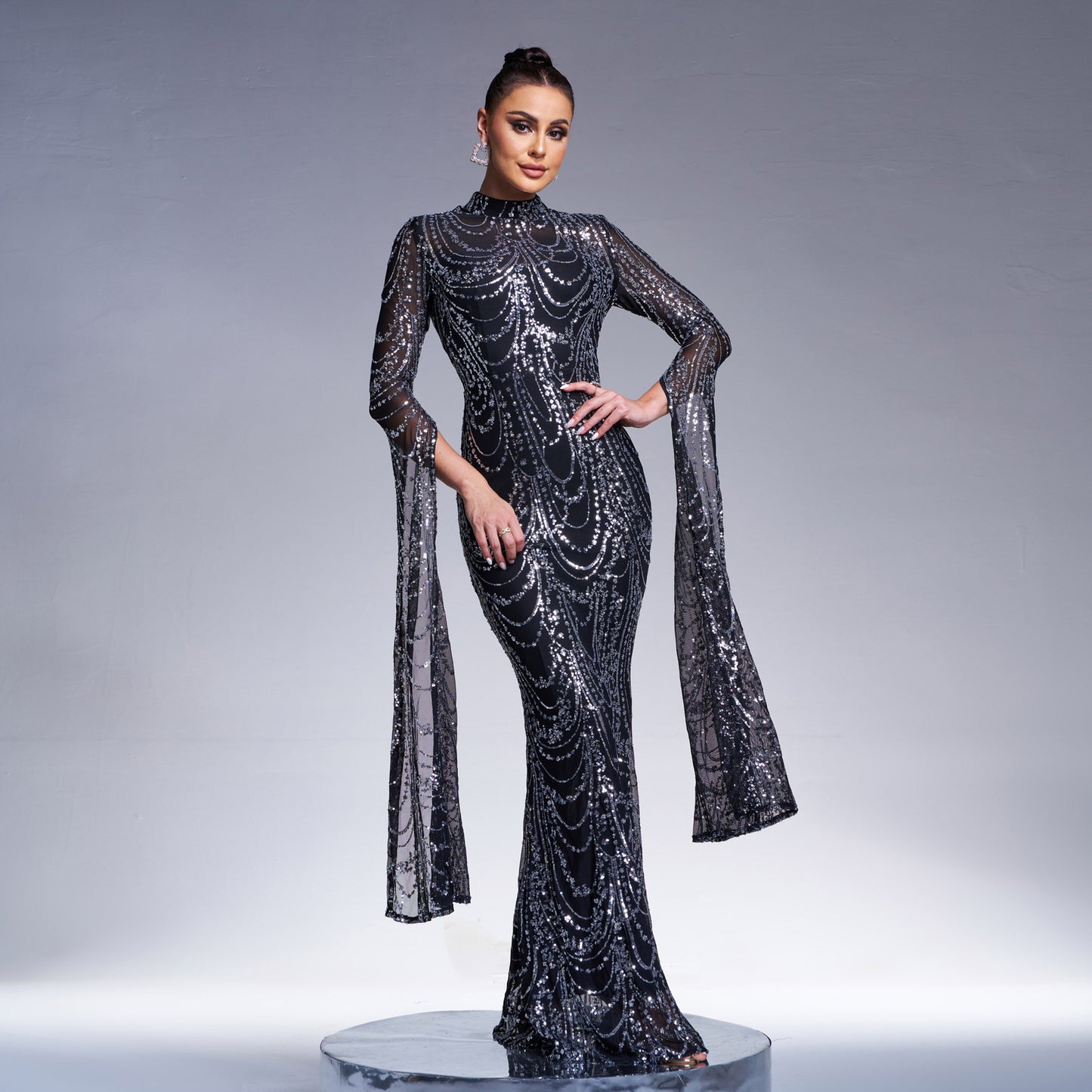 2025 high-end temperament sexy long sequins long sleeves crew neck banquet evening dress bridesmaid dress women