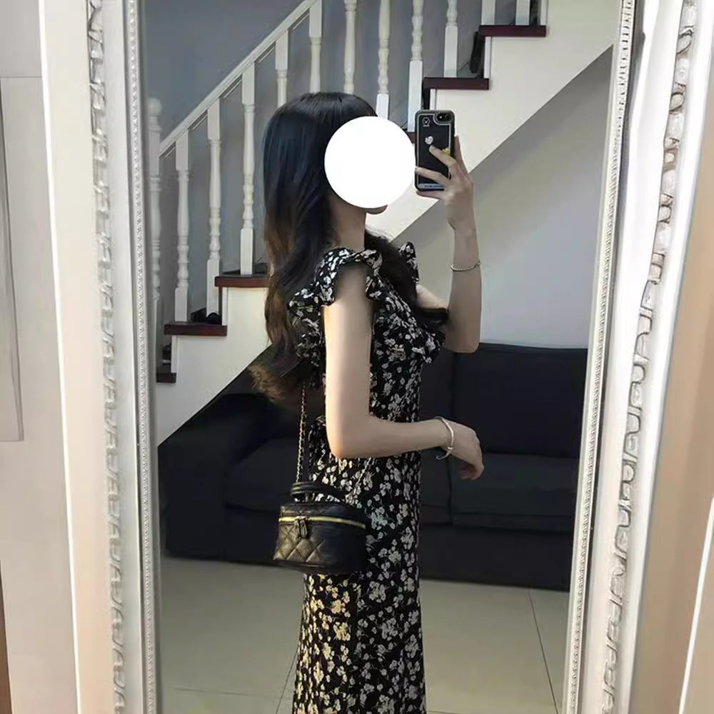 2025 Coffee Break  Hepburn Style Black Floral Dress Children's Summer  New Temperament Waist Long Dress Women's Clothing