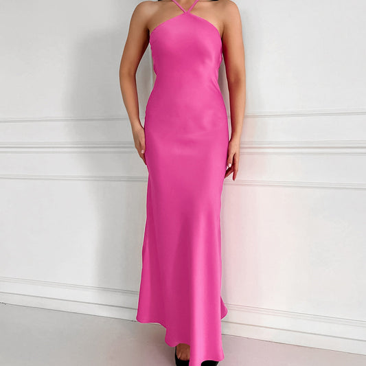 2025 Sexy sleeveless neck high waist satin dress small dress fishtail dress popular  fashion new long dress women