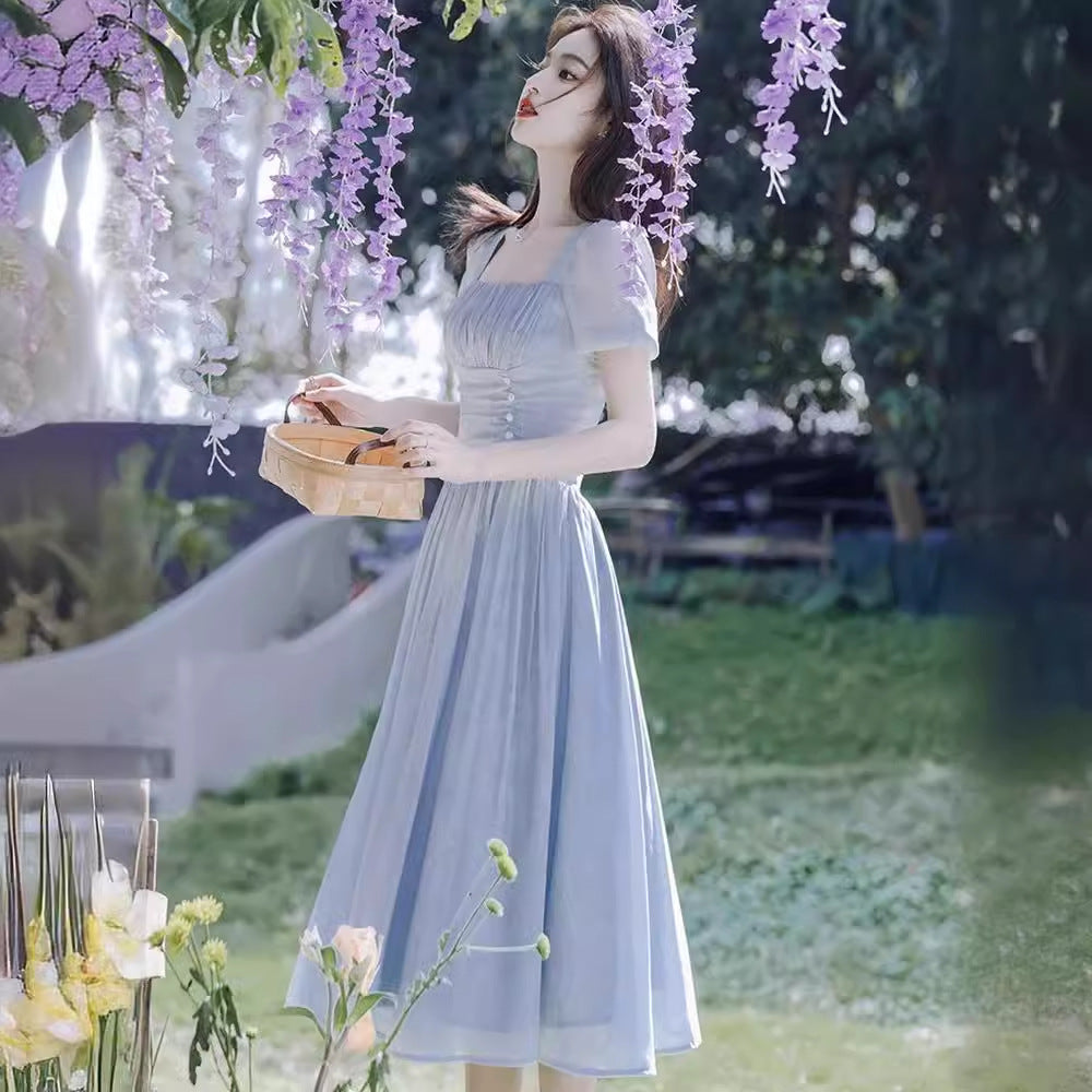 2025 waist and thin temperament socialite princess long dress gentle wind niche blue dress children summer 2025