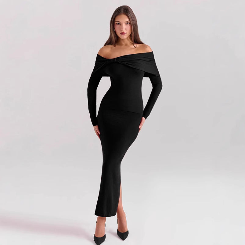 BENPAOLV 2025 Autumn and winter popular new  women's clothing sexy one-word shoulder slim-fitting long-sleeved hip-wrapped split skirt two-piece suit