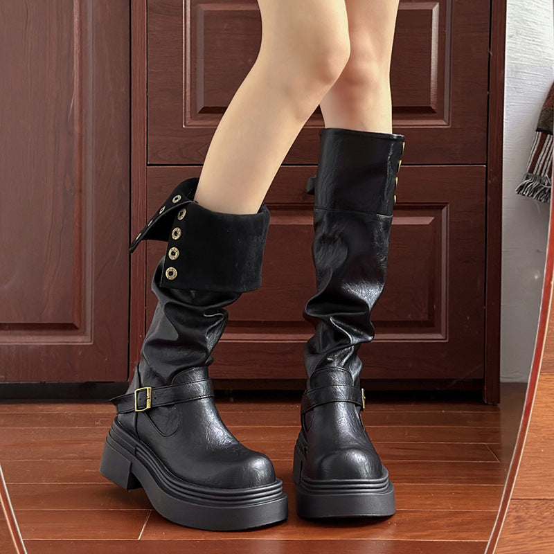 2025  Fat mm platform boots women's folding boots two wear popular spring and autumn new fashion belt buckle western cowboy boots thick legs