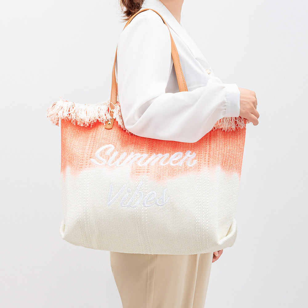 Cross-Border Embroidered Tote Bag Tassel Canvas Bag Magnetic Snap Commuter Bag Underarm Bag New Beach Shoulder Bag Summer