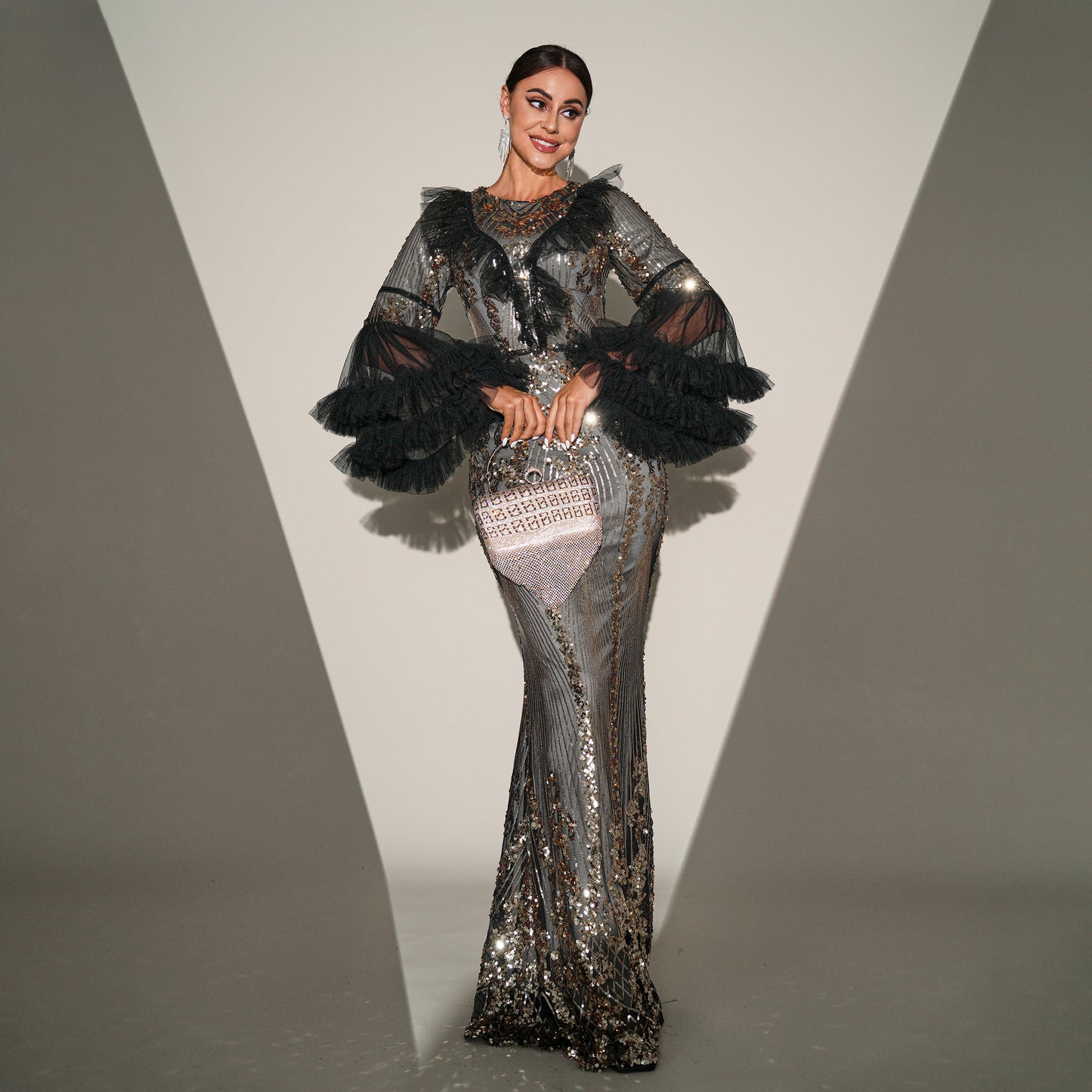 2025 large-size high-end temperament round neck long sequined banquet fishtail evening dress bridesmaid dress women