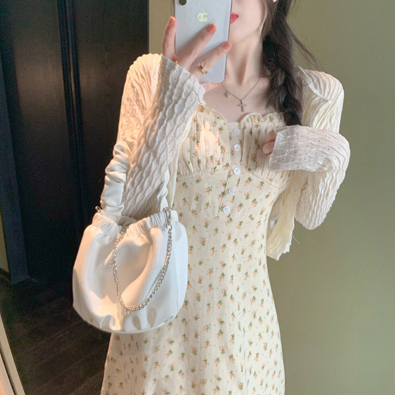 2025 summer new gentle wind  coffee break beautiful floral suspender dress two-piece suit women's spring dress