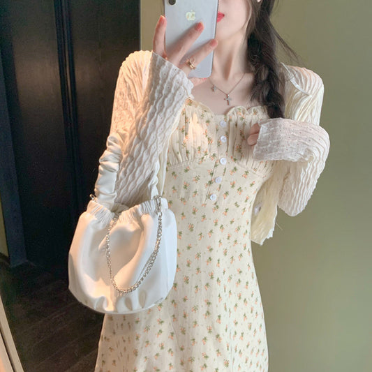2025 summer new gentle wind  coffee break beautiful floral suspender dress two-piece suit women's spring dress