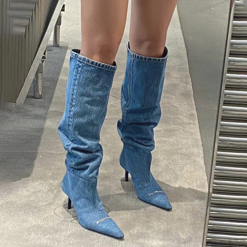 2025  2025 style pointed-toed pleated piled boots popular spring and summer new thin-heeled fashion boots but knee-thin high heels