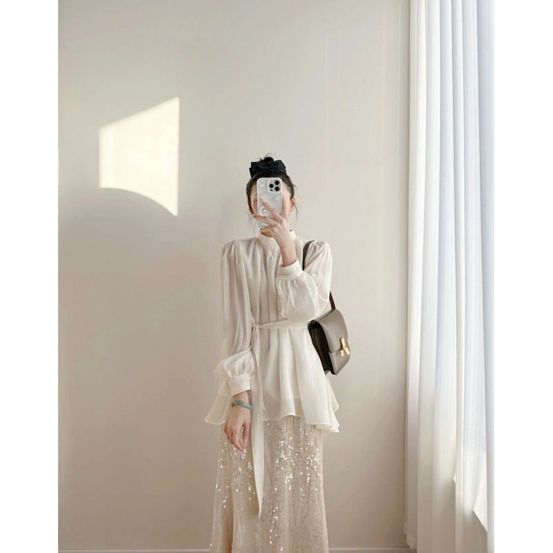 2025 temperament waist thin pleated shirt + design high waist heavy industry sequined skirt two-piece set