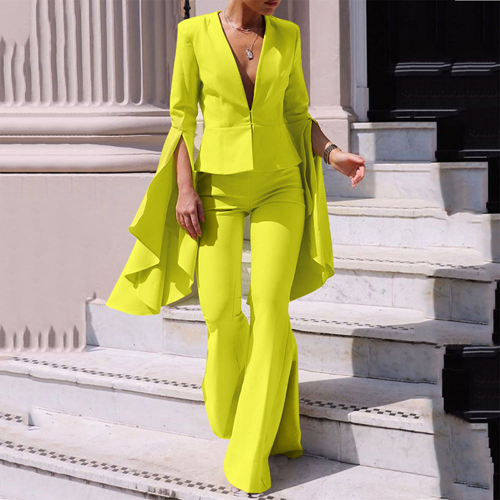 New Muse Fan Temperament Fashion Blazer Top High Waist Swing Flared Pants Two-piece Women's