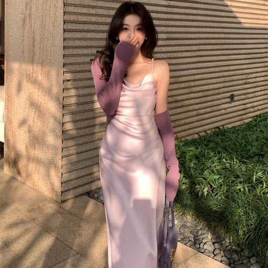 2025 spring and summer new high-waisted satin temperament suspender dress high-end long dress children 88169