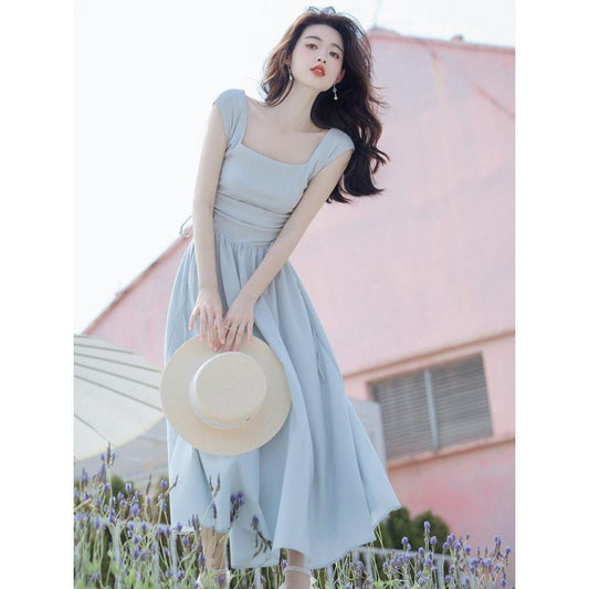 2025 Retro Minimalist Women's Square Neck  Dress Long High Waist Skinny Skirt Women's Summer Long Dress Summer 2025