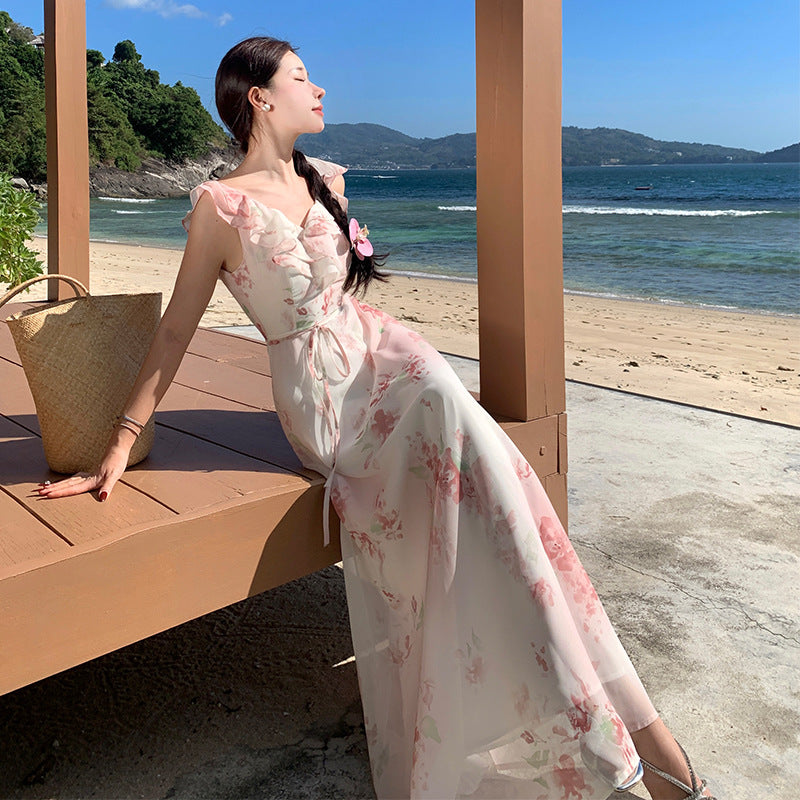 2025 holiday style floral small flying sleeve dress women's summer chic beautiful beach dress waist thin long skirt
