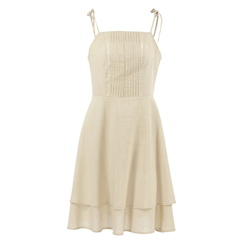 2025 Summer classic suspender fashionable solid color cotton and linen breathable cascade ruffle edge casual dress  short skirt women