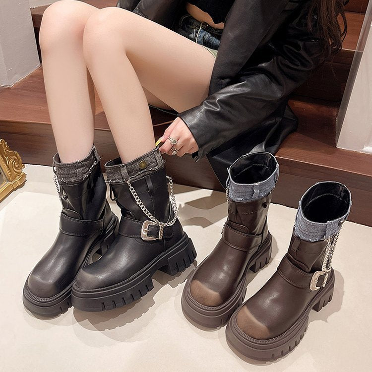 2025  Short boots women's Korean version of British style retro Martin boots women's medium heel short boots Maillard brown boots