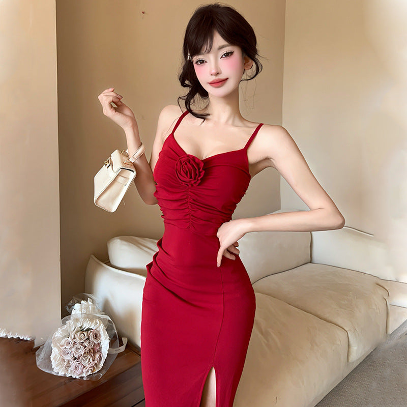 Banquet dress women's 2025 summer dress new  retro V-neck suspender temperament rose split dress