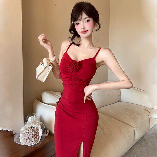 Banquet dress women's 2025 summer dress new  retro V-neck suspender temperament rose split dress