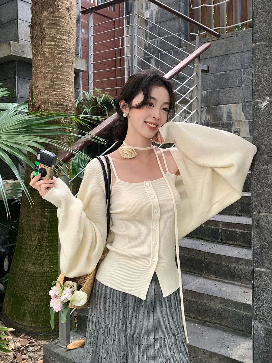 2025 spring new wool knitted small suspender vest sunscreen blouse two-piece set women 25190