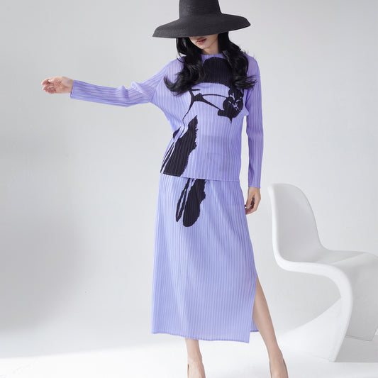 2025 counter women's clothing spring and summer new suit printed loose long-sleeved T-shirt top split skirt two-piece set