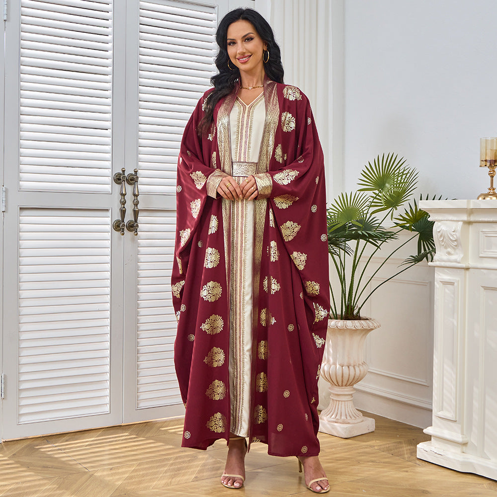 MT213 Middle East Moose Large Size New Bronzing Burqa Cardigan Bat Sleeve Two-piece Dress Evening Dress