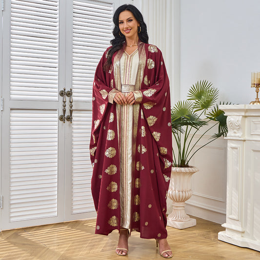 MT213 Middle East Moose Large Size New Bronzing Burqa Cardigan Bat Sleeve Two-piece Dress Evening Dress