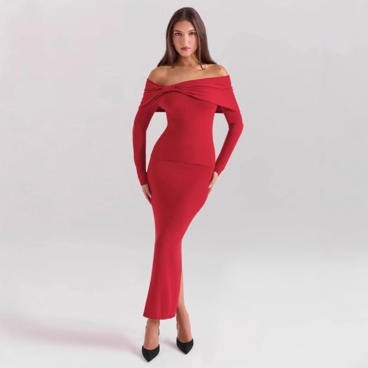 BENPAOLV 2025 Autumn and winter popular new  women's clothing sexy one-word shoulder slim-fitting long-sleeved hip-wrapped split skirt two-piece suit