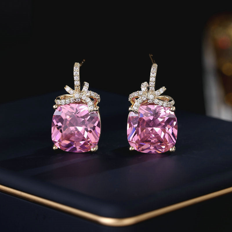 2025 Light luxury high-end earrings trendy wholesale s925 silver needle super flash geometric square zircon inlaid bow stud earrings