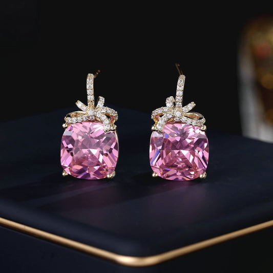 2025 Light luxury high-end earrings trendy wholesale s925 silver needle super flash geometric square zircon inlaid bow stud earrings