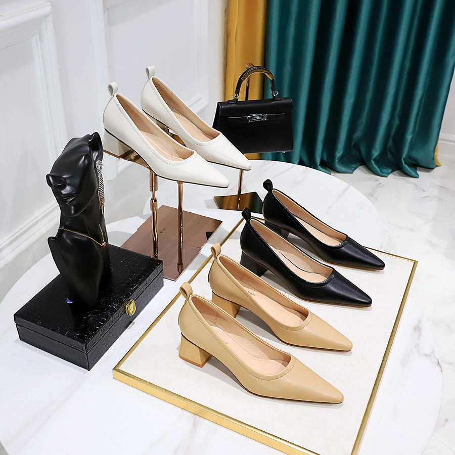 2025 1235-2 Korean version of fashion simple thick heel versatile middle heel shoes shallow mouth pointed professional OL office workers women's shoes single shoes