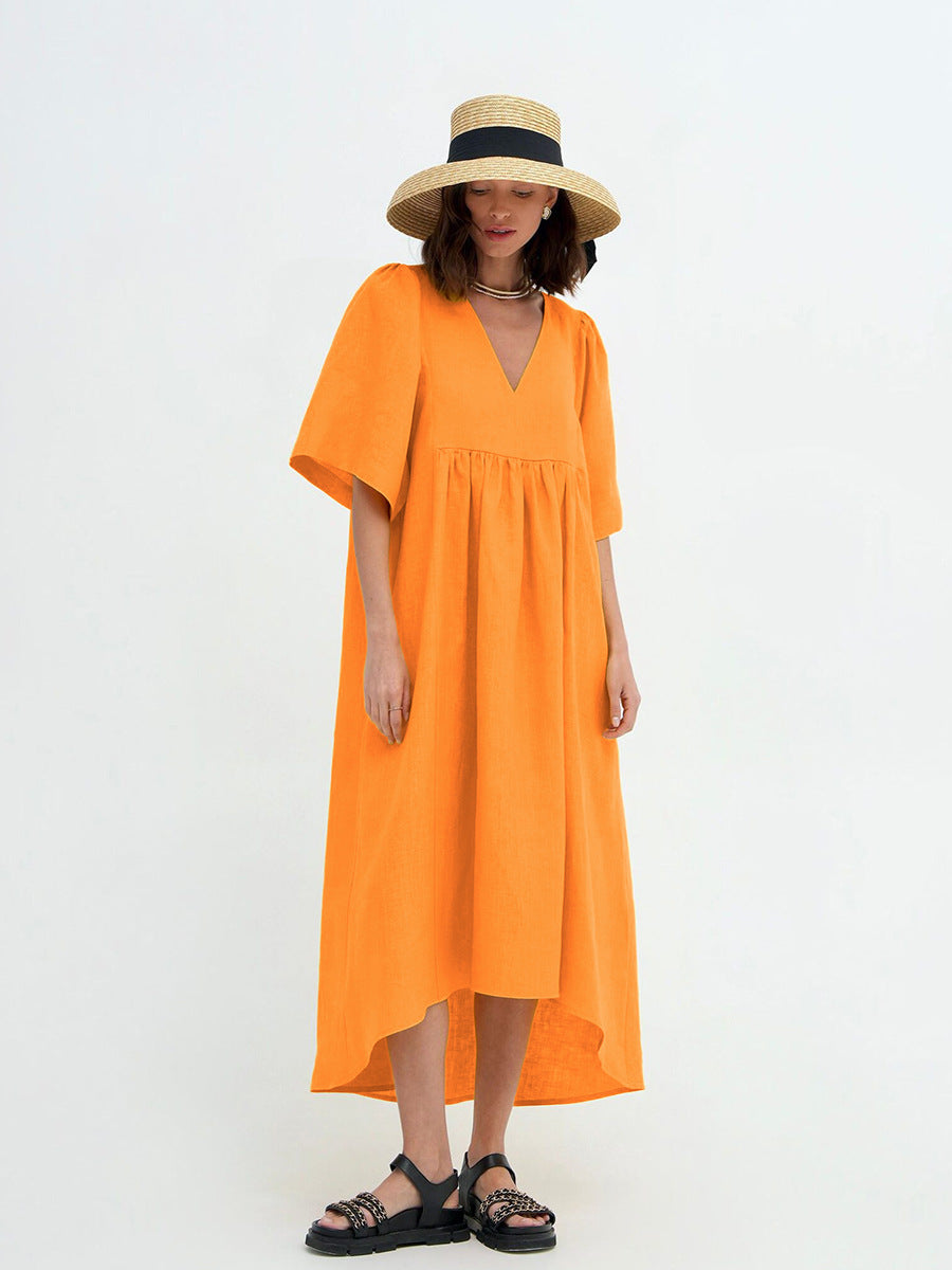 2025 Fashion casual loose short-sleeved solid color cotton and linen V-neck A-shaped skirt summer versatile commuter dress Popular trade wholesale women