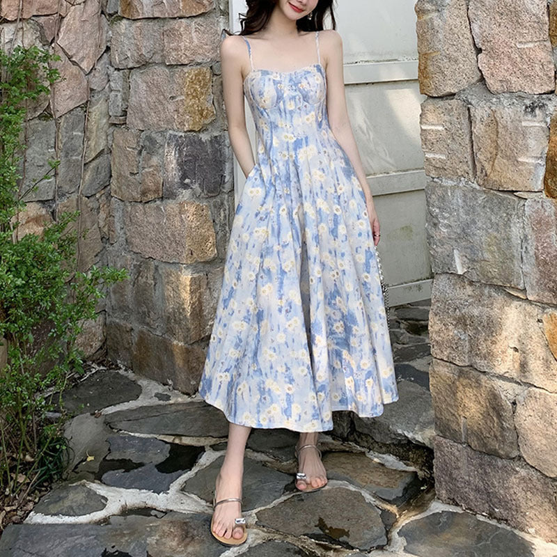 2025 blue oil painting long dress beach dress floral suspender dress female summer fairy temperament waist  summer female