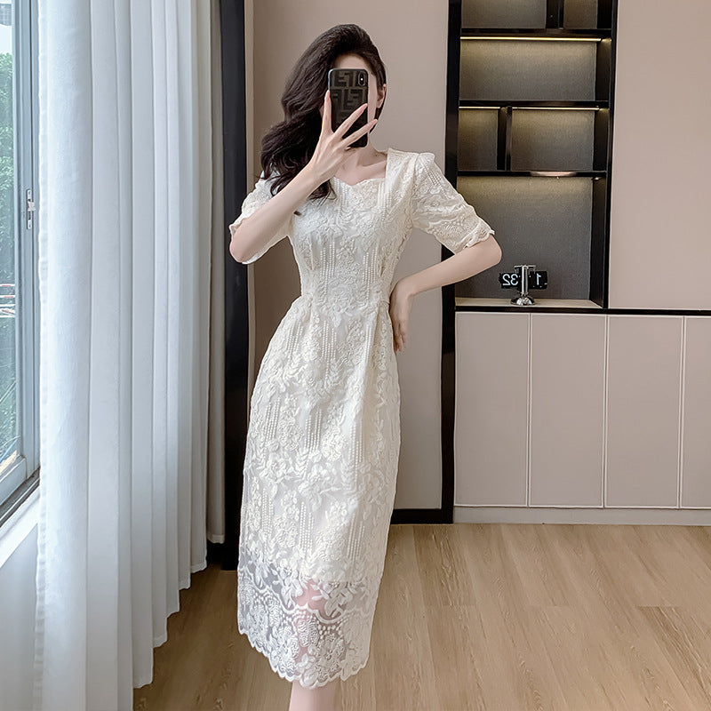 2025 summer new  fairy lace embroidered skirt women's chiffon temperament waist fashion dress women