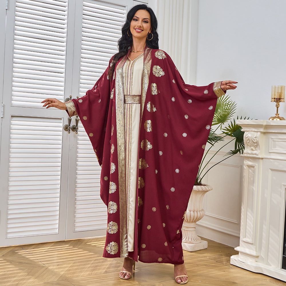 MT213 Middle East Moose Large Size New Bronzing Burqa Cardigan Bat Sleeve Two-piece Dress Evening Dress