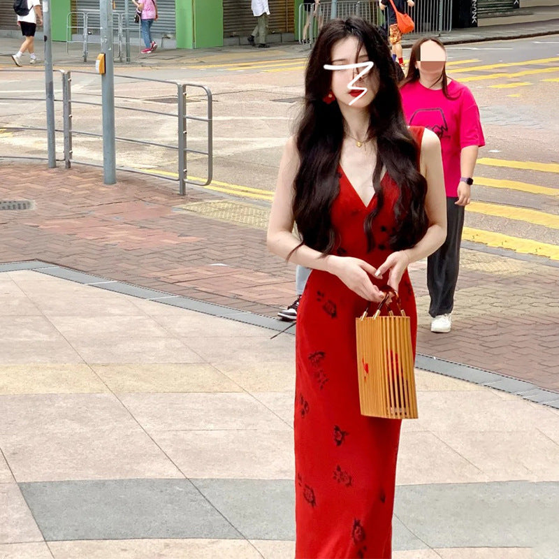 2025 Hong Kong style red collar suspender floral dress children's summer new style super good-looking long dress women