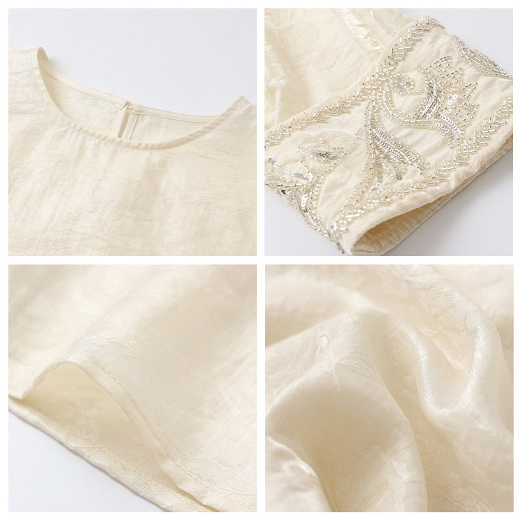 Guofeng Spring New Heavy Industry Bead Embroidery Splicing Long Sleeve Top Women's Thin Versatile Silk Shirt N2071