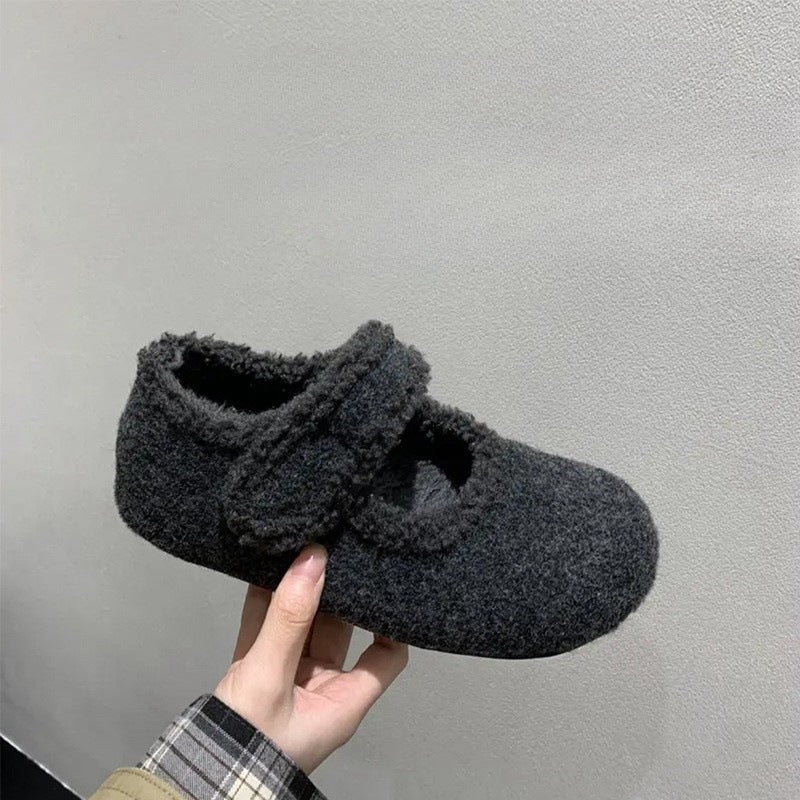 2025 Retro suede inner heightening Mary Jane shoes women's popular winter small high-heeled plush warm fluffy cotton single shoes