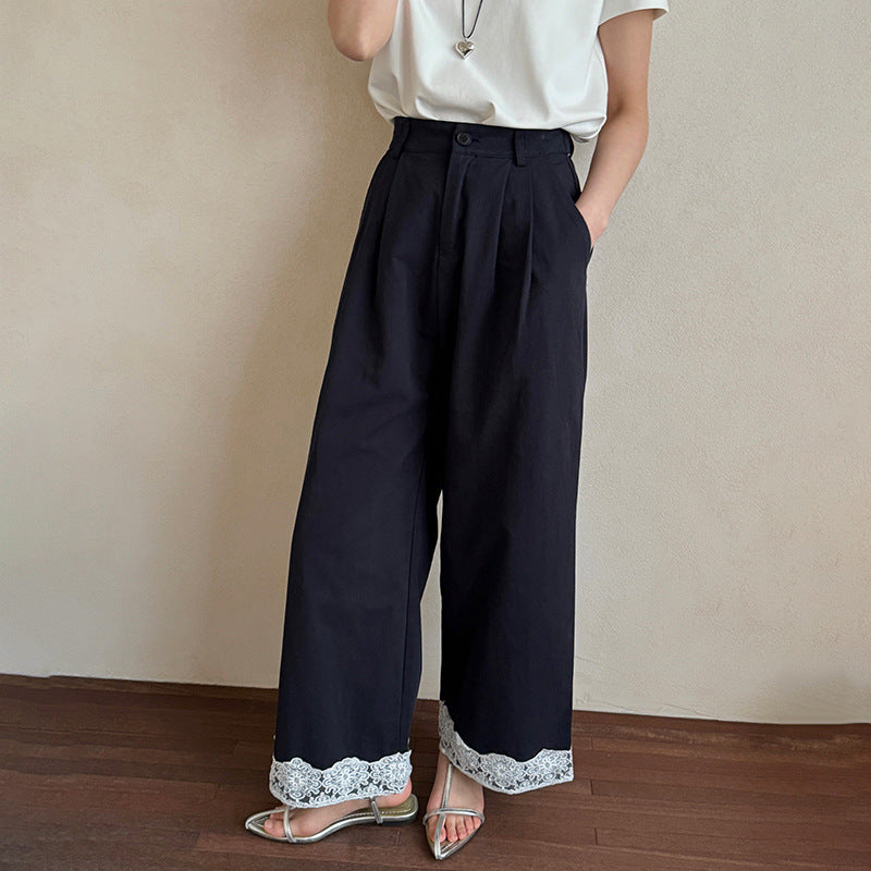 Cotton cocoon, high-waisted lace-edged wide-leg pants for women's  summer new navy blue high-casual straight-leg pants