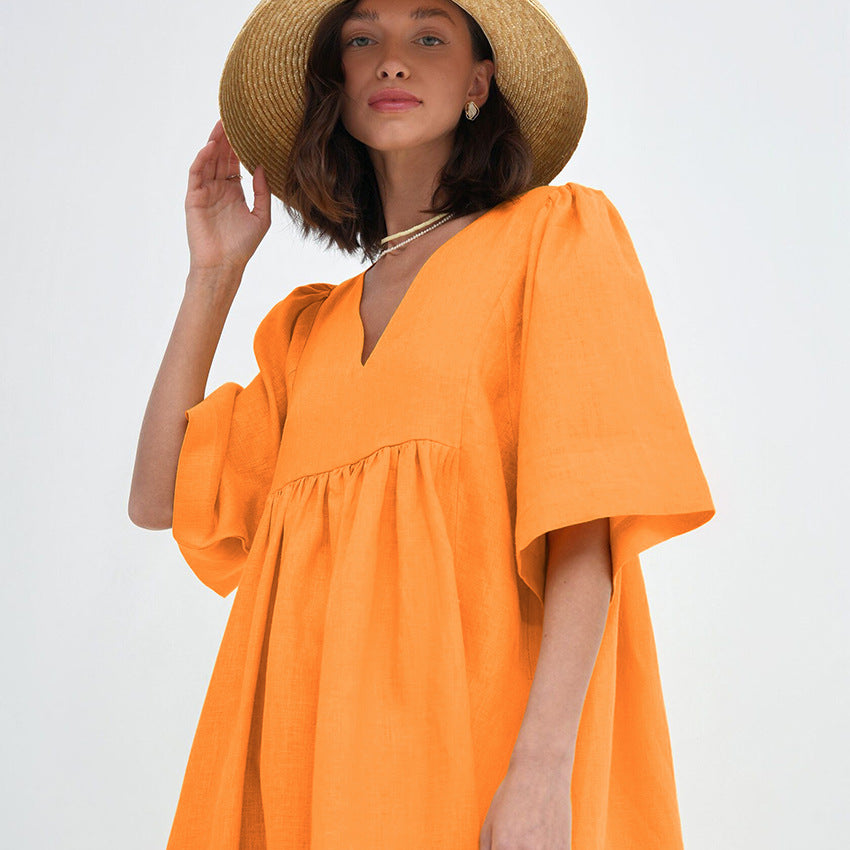 2025 Fashion casual loose short-sleeved solid color cotton and linen V-neck A-shaped skirt summer versatile commuter dress Popular trade wholesale women