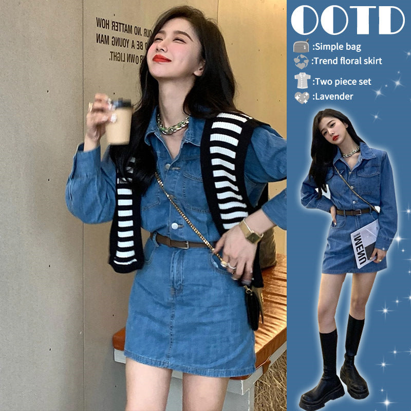 2025 small waist skirt spring and autumn women's clothing  new Hong Kong style chic Hong Kong style retro denim dress