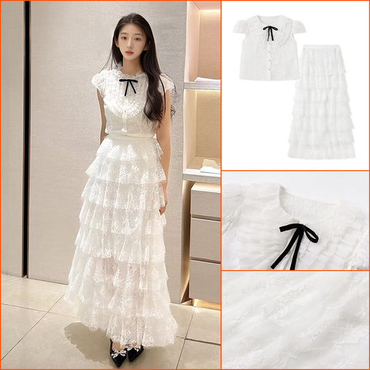 Summer Korean sweet and gentle wind waist cake skirt women's short fashion lace shirt skirt set N3033
