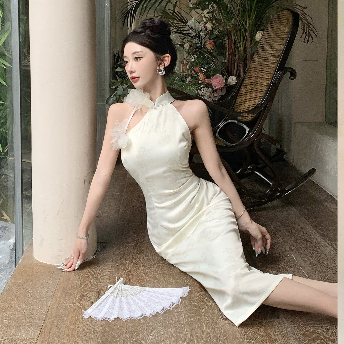 2025 Acetate satin jacquard banquet evening dress women's  summer dress new temperament off-the-shoulder cheongsam dress with split ends