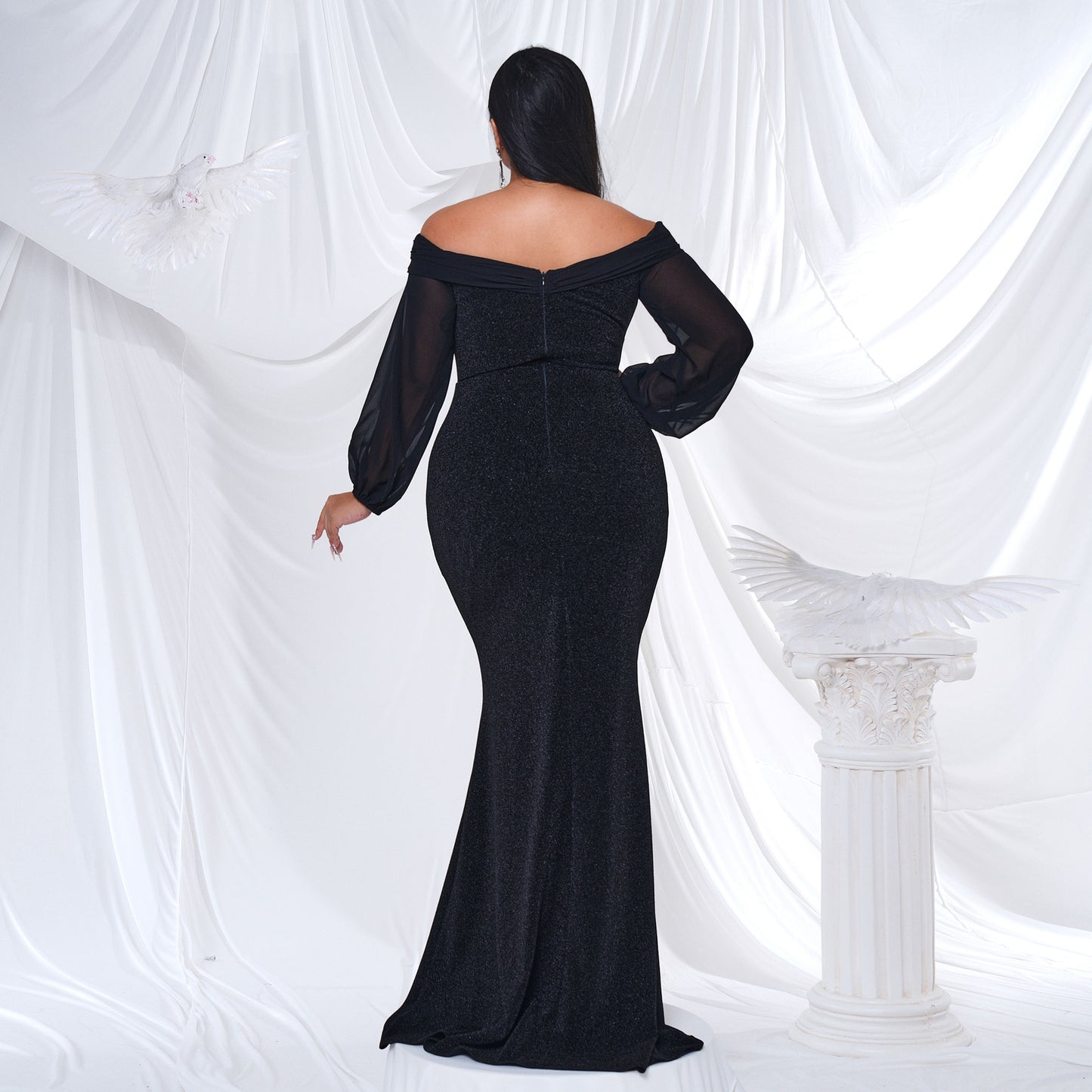 2025 Popular trade  large-size women's clothing long-sleeved V-neck banquet sexy hip-wrapped fishtail evening dress dress