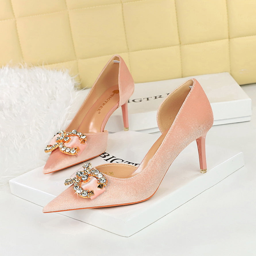 2025 1363-AK77 banquet high heels women's shoes suede shallow mouth pointed side hollow rhinestone pearl bow single shoes