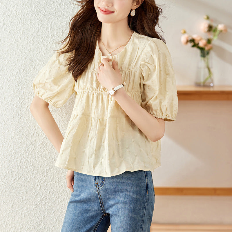 Cotton cocoon, apricot short-sleeved shirt women's clothing  summer new design sense niche loose crew neck top shirt