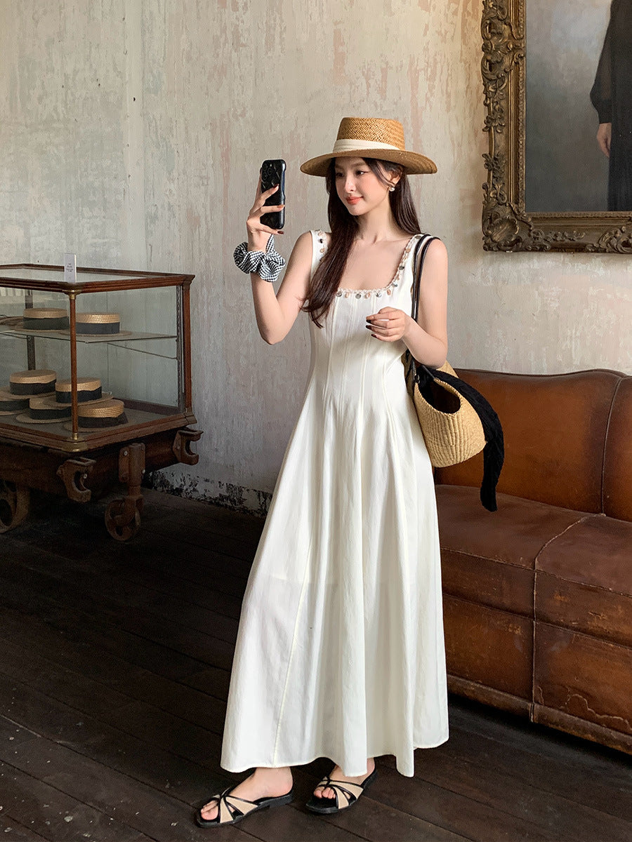 2025 Thirteen Lines  Spring and Summer New  Retro Crew Neck Temperament Sequin Suspender Dress 88177