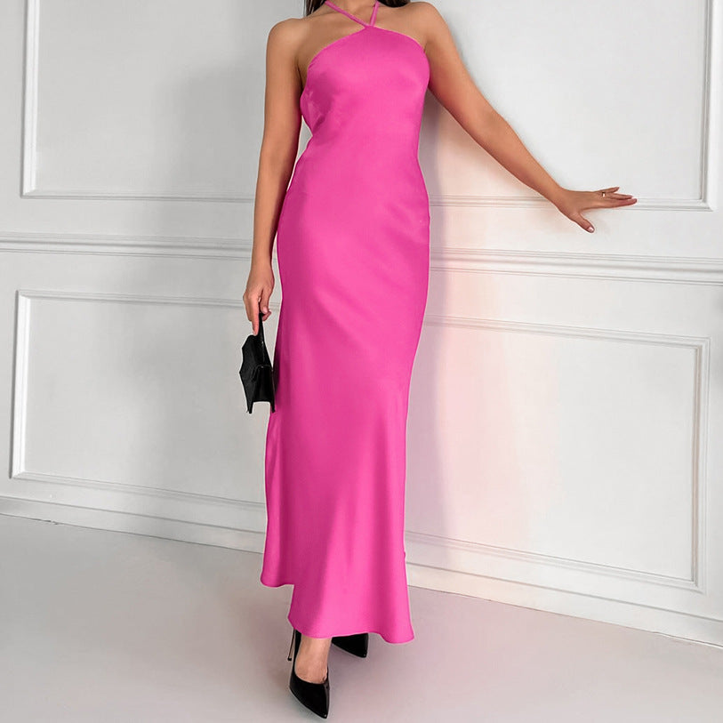 2025 Sexy sleeveless neck high waist satin dress small dress fishtail dress popular  fashion new long dress women