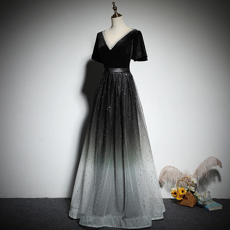 2025 Black evening dress dress female piano dress gradual change starry sky temperament choir conductor performance uniform banquet host