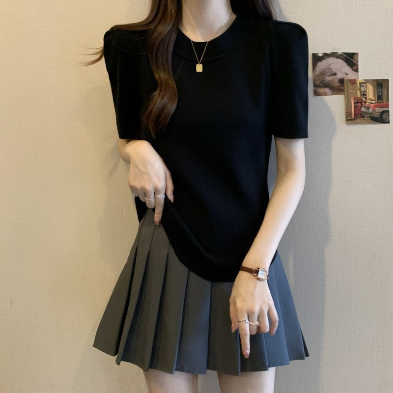 2025 Large size women's clothing Spice Girls short-sleeved short front shoulder knitted sweater women's unique and chic clothes design sense niche