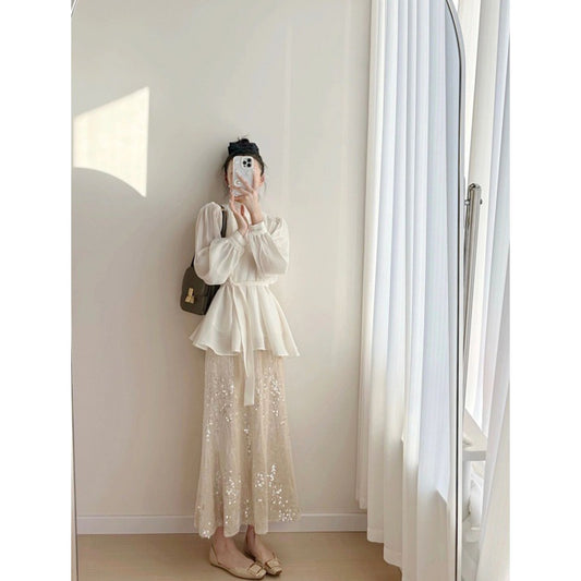 2025 temperament waist thin pleated shirt + design high waist heavy industry sequined skirt two-piece set