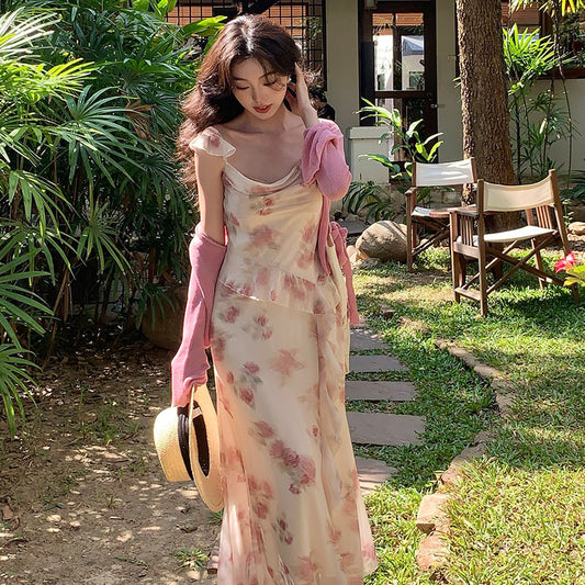 2025 spring and summer new Korean version high waist suspender dress printed pure desire vacation skirt women 88195