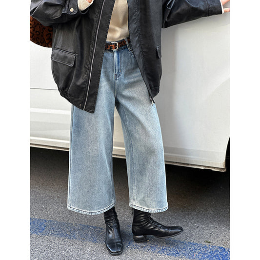 2025 popular autumn and winter new Korean retro high waist and thin loose versatile straight eight-point pants 6377